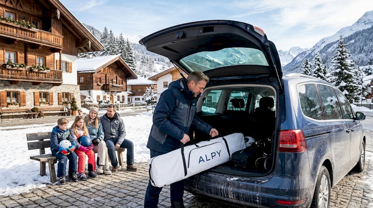 Driver loading ski luggage into minivan