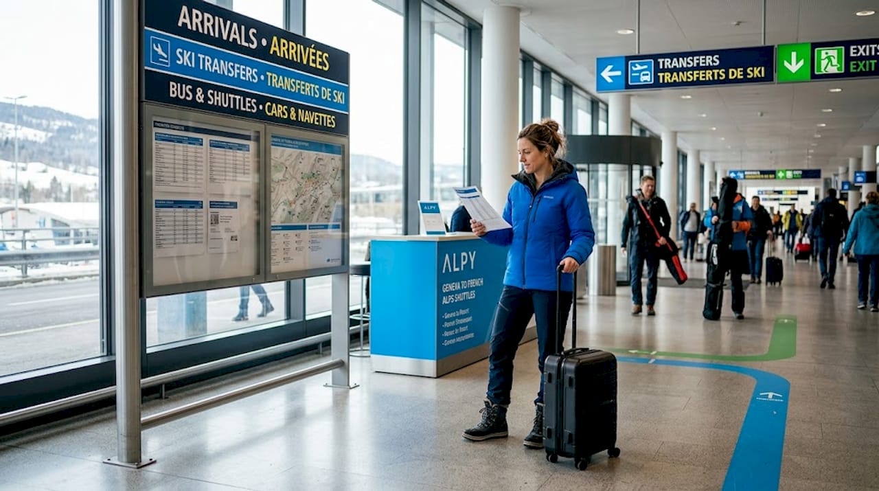 Traveler in Geneva airport arrivals with suitcase