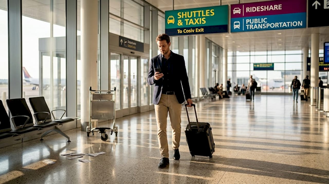 Traveler checking transport options at Nice Airport