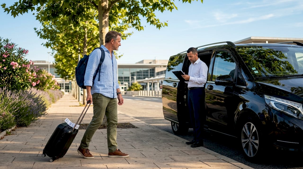 Traveler meets driver for airport transfer at curbside
