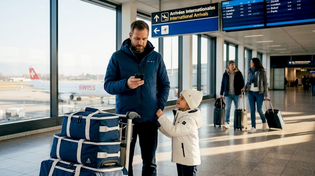 Family waiting near Geneva Airport ski bags