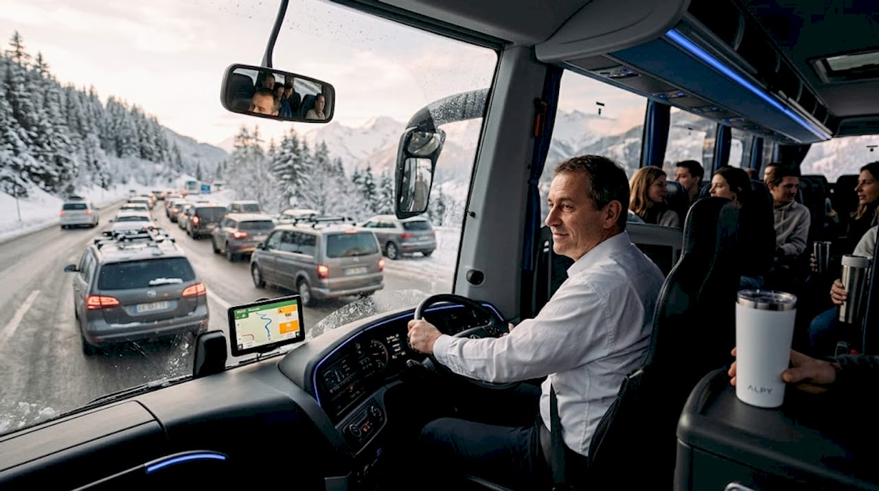 Coach driver on snowy Route Blanche road
