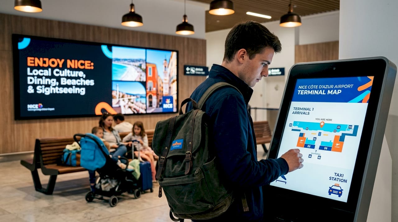 Nice Airport information kiosk and travelers