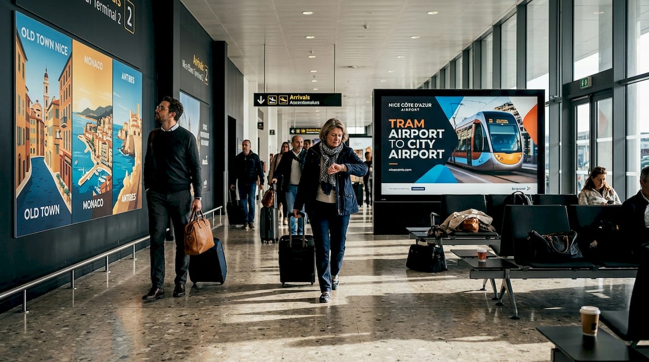 Travelers entering Nice Airport Terminal 2