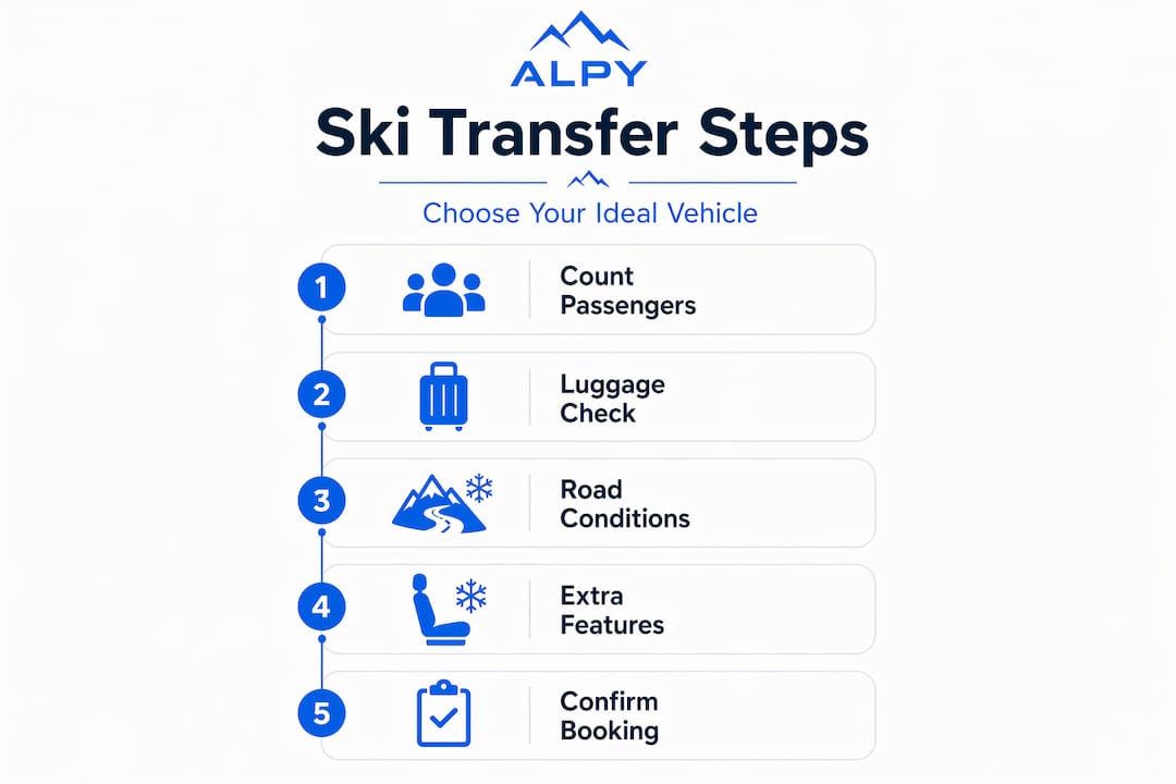 Infographic showing steps for choosing ski transfer vehicle