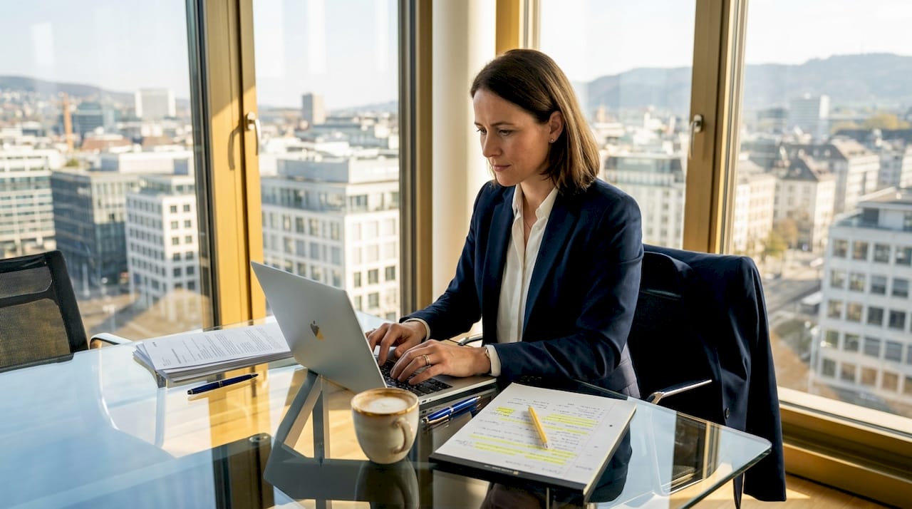 Swiss legal advisor reviewing due diligence documents