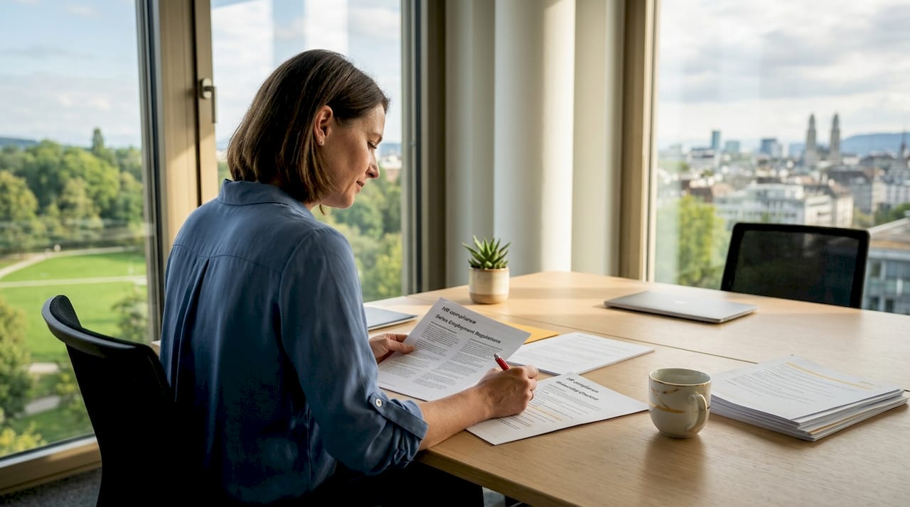 Swiss HR manager reviewing compliance documents
