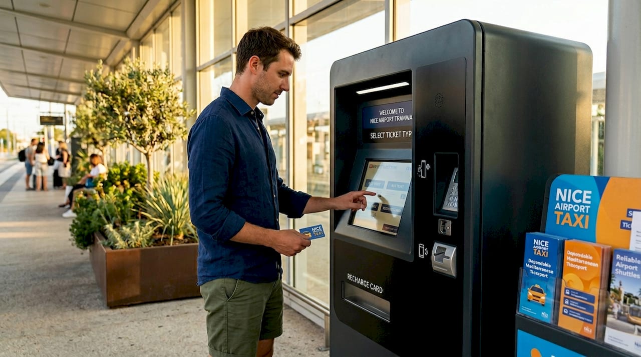 Traveler buying La Carte at Nice tram ticket machine