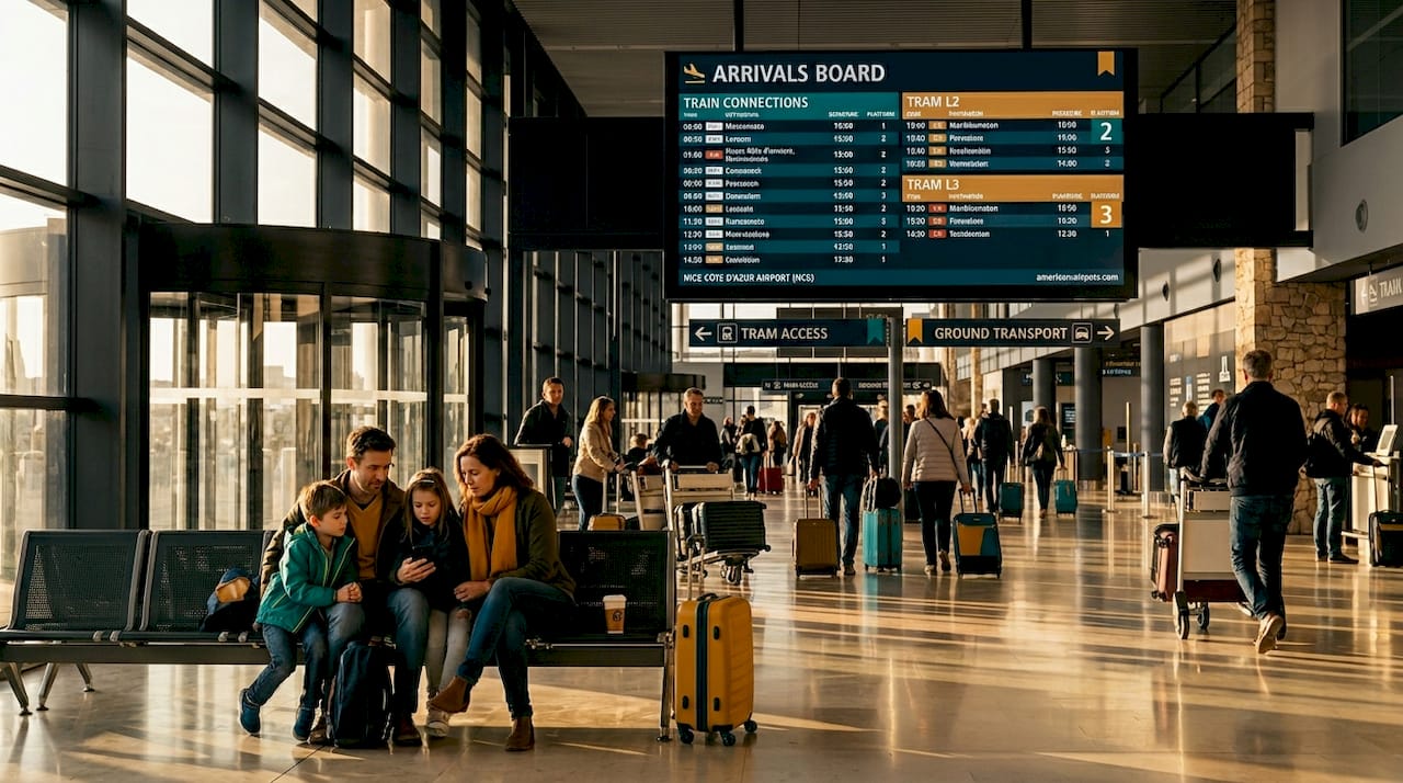 Busy Nice Airport arrivals hall leading to tram line