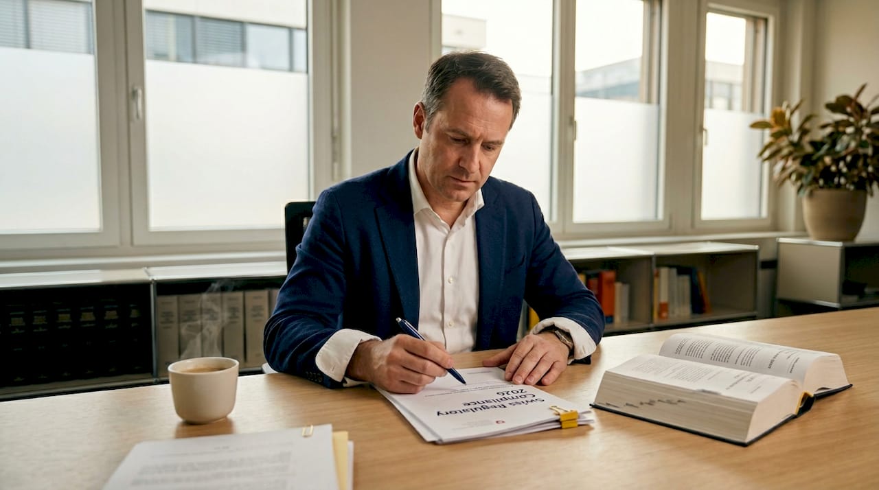 Consultant reviewing Swiss regulatory documents in office