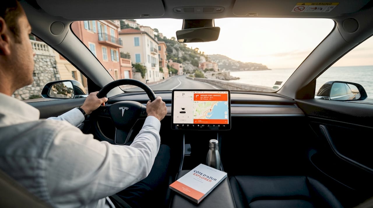 Inside luxury car traveling Nice to Monaco coastal road