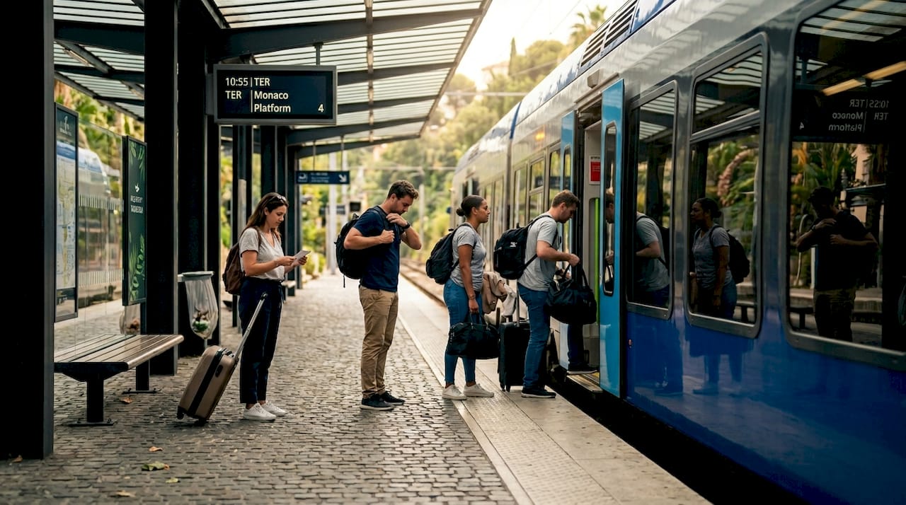 Travelers boarding TER train in Nice towards Monaco