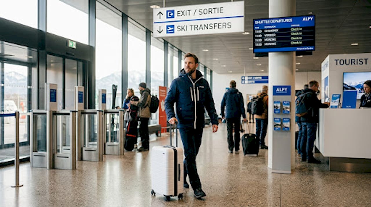 Traveler arriving at Geneva Airport with ski gear