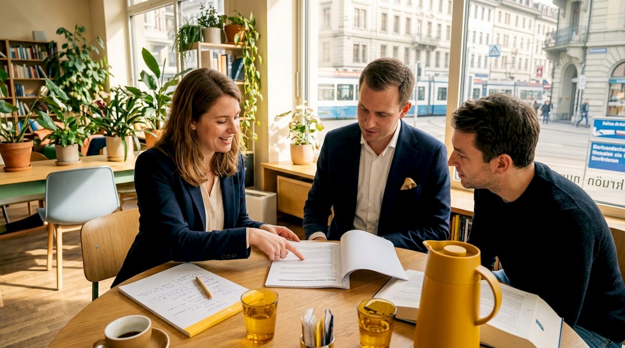Swiss lawyers reviewing contract in conference room