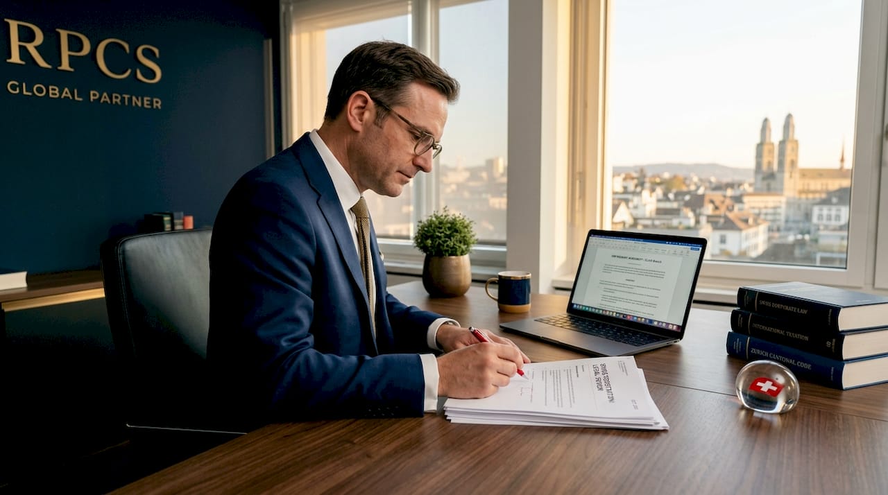 Swiss attorney examining legal documents at desk