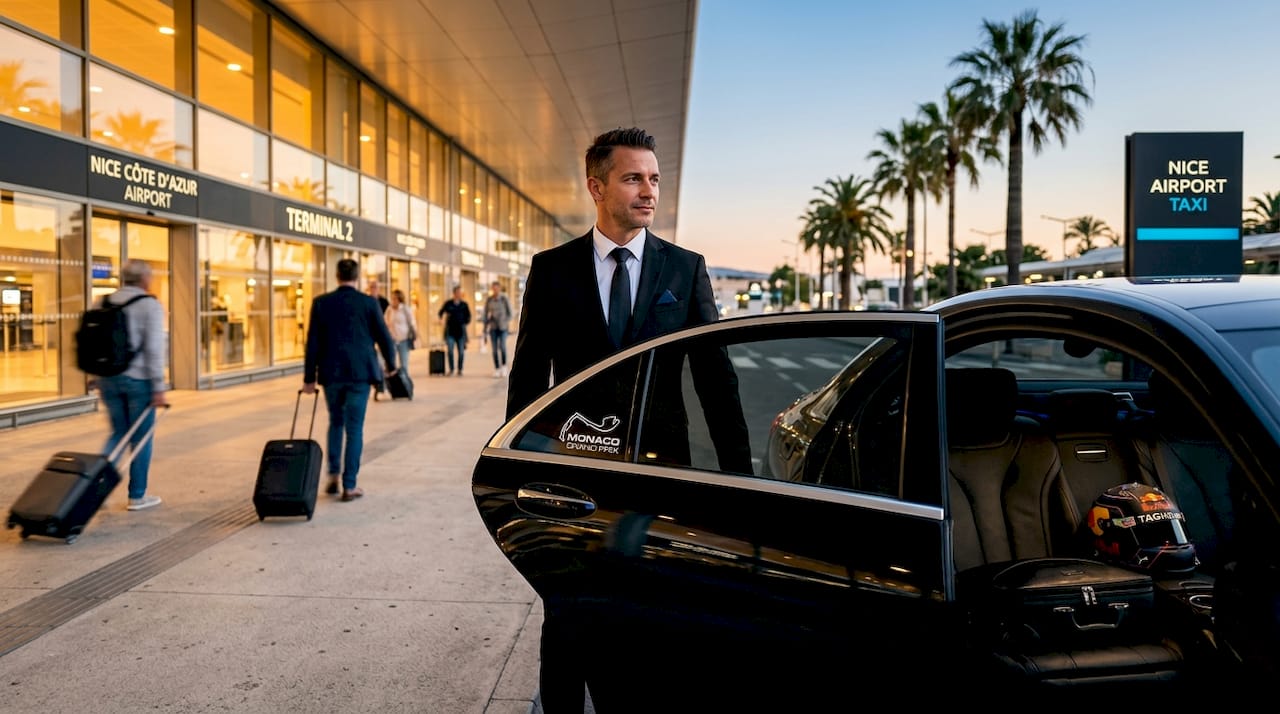 Chauffeur opening luxury car door at Nice Airport