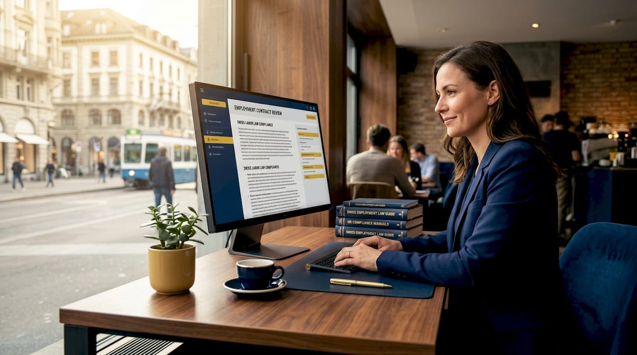 HR professional reviewing contracts in Swiss office