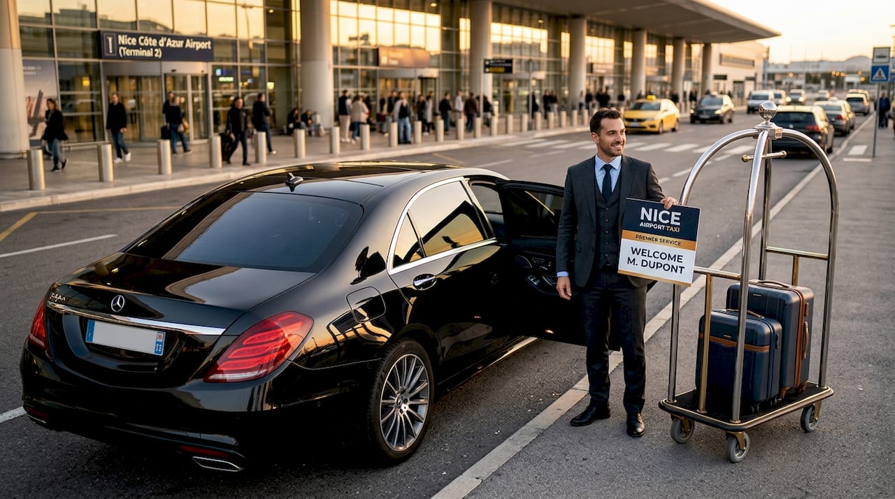 Luxury Mercedes sedan at Nice Airport entrance