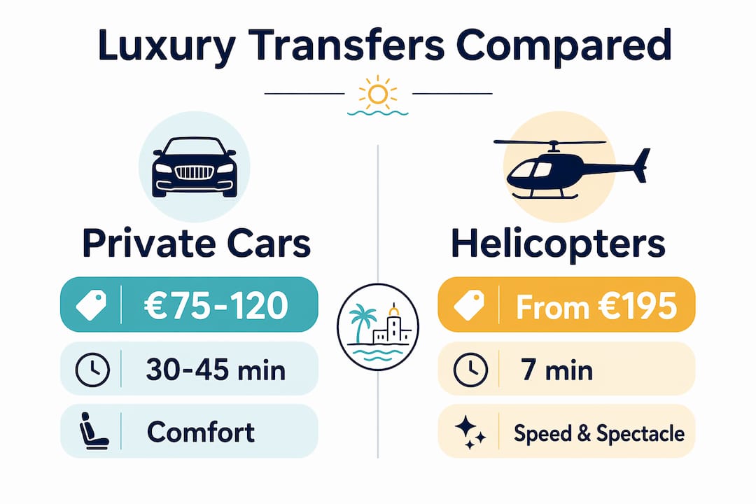 Infographic comparing private car and helicopter luxury transfers