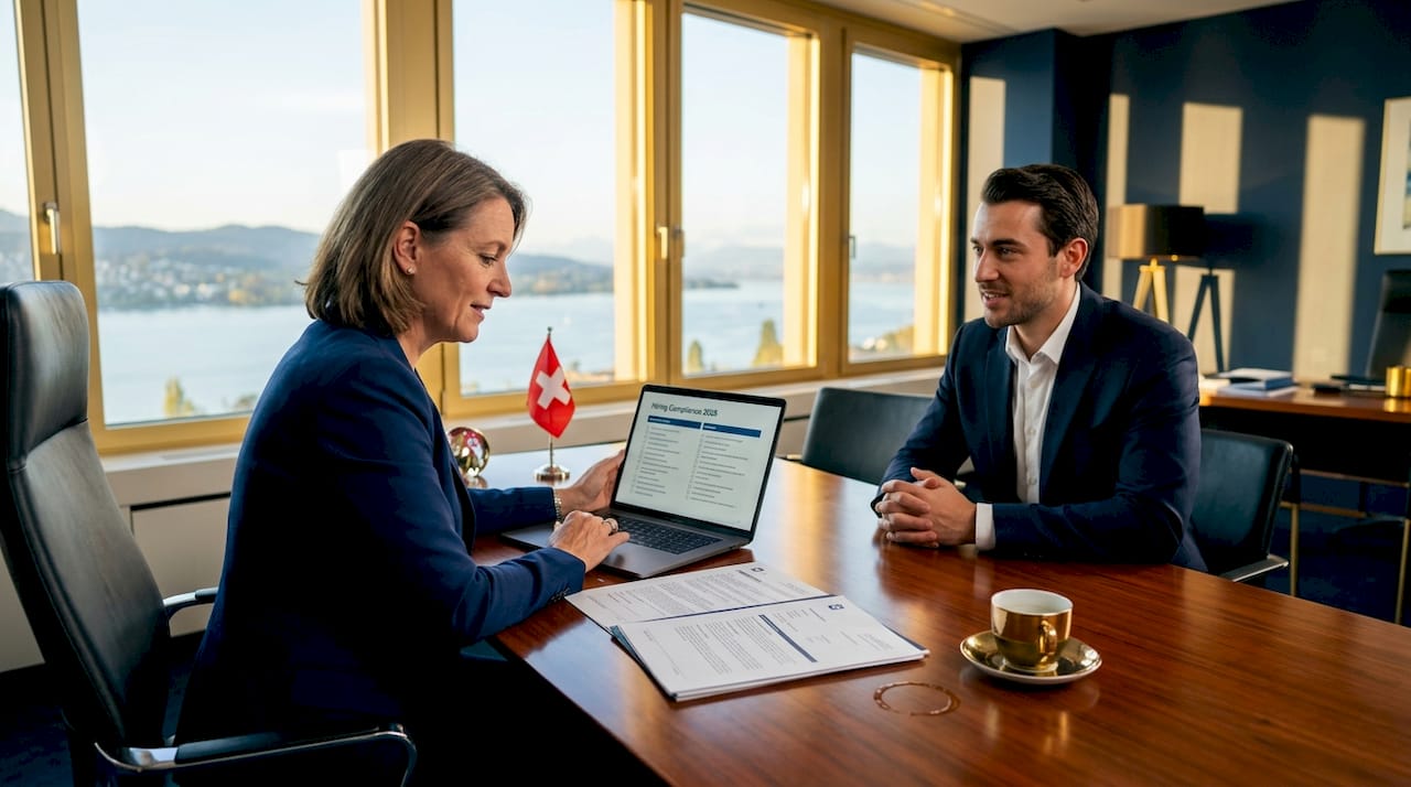 Swiss HR manager interviewing employee in office