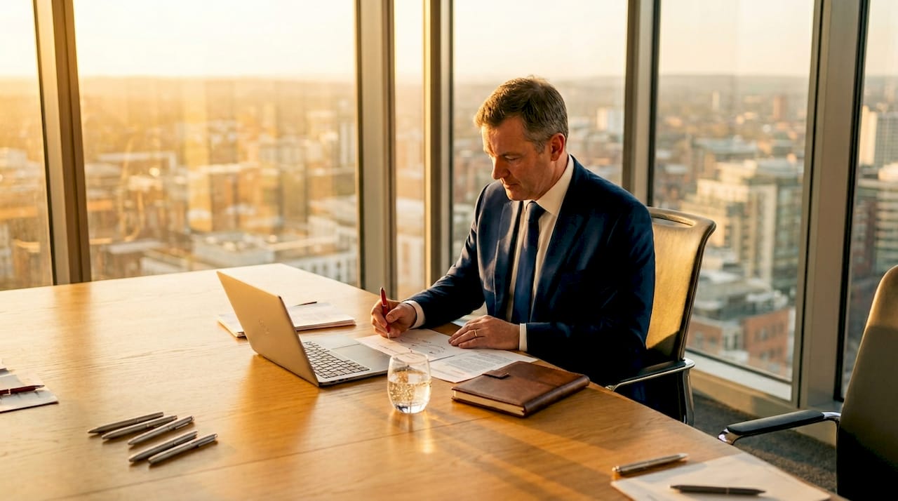 Non exec director reviewing documents at boardroom table