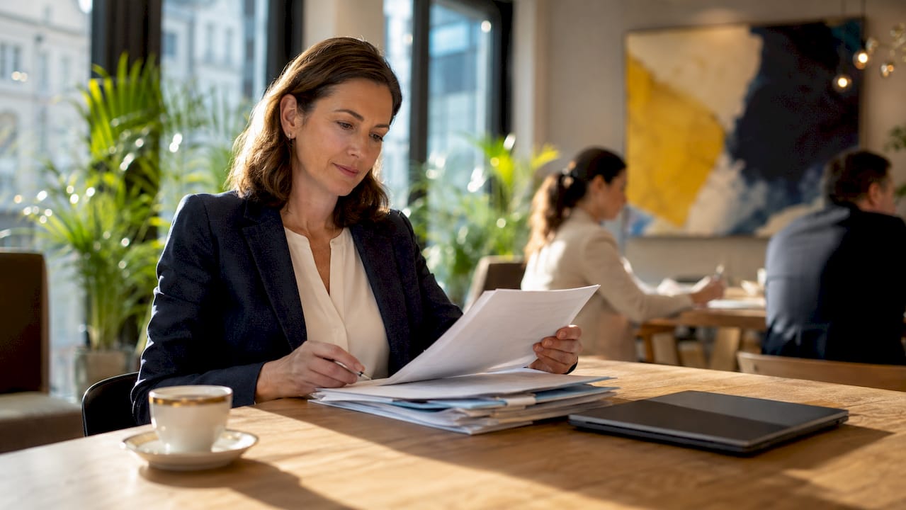 Businesswoman reviewing documents in Zurich office