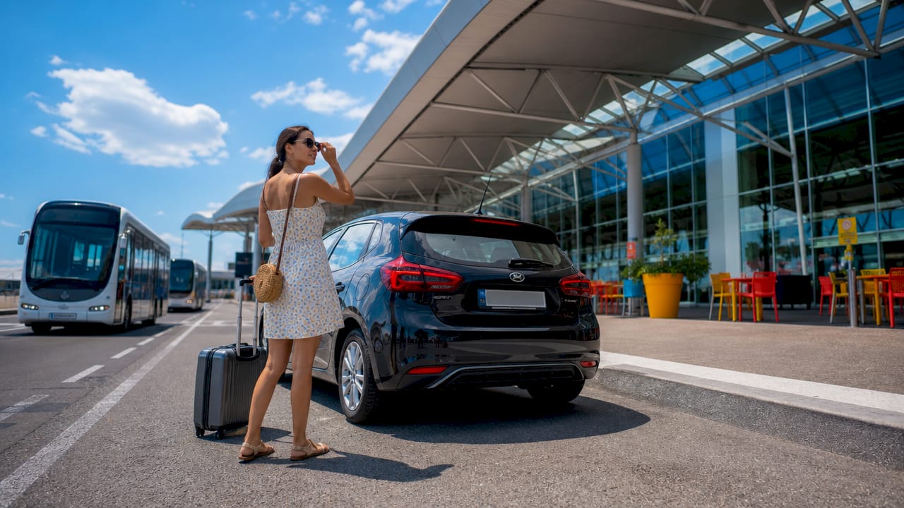 Passenger at Nice Airport Terminal 1 drop-off curb