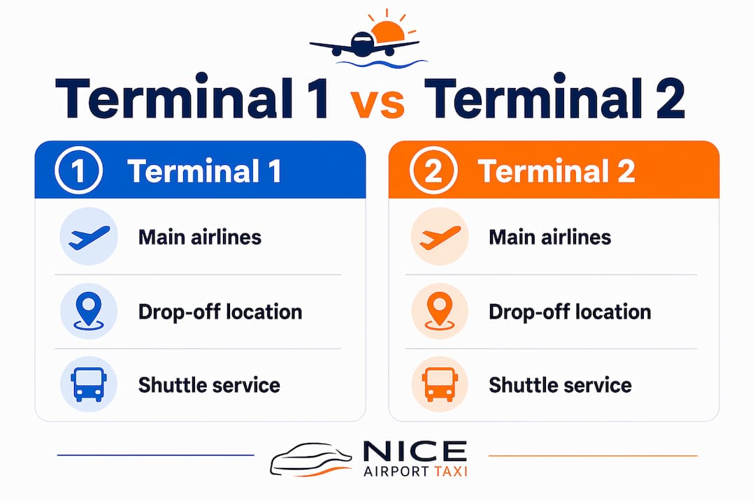 Infographic comparing Terminal 1 and Terminal 2 drop-off details