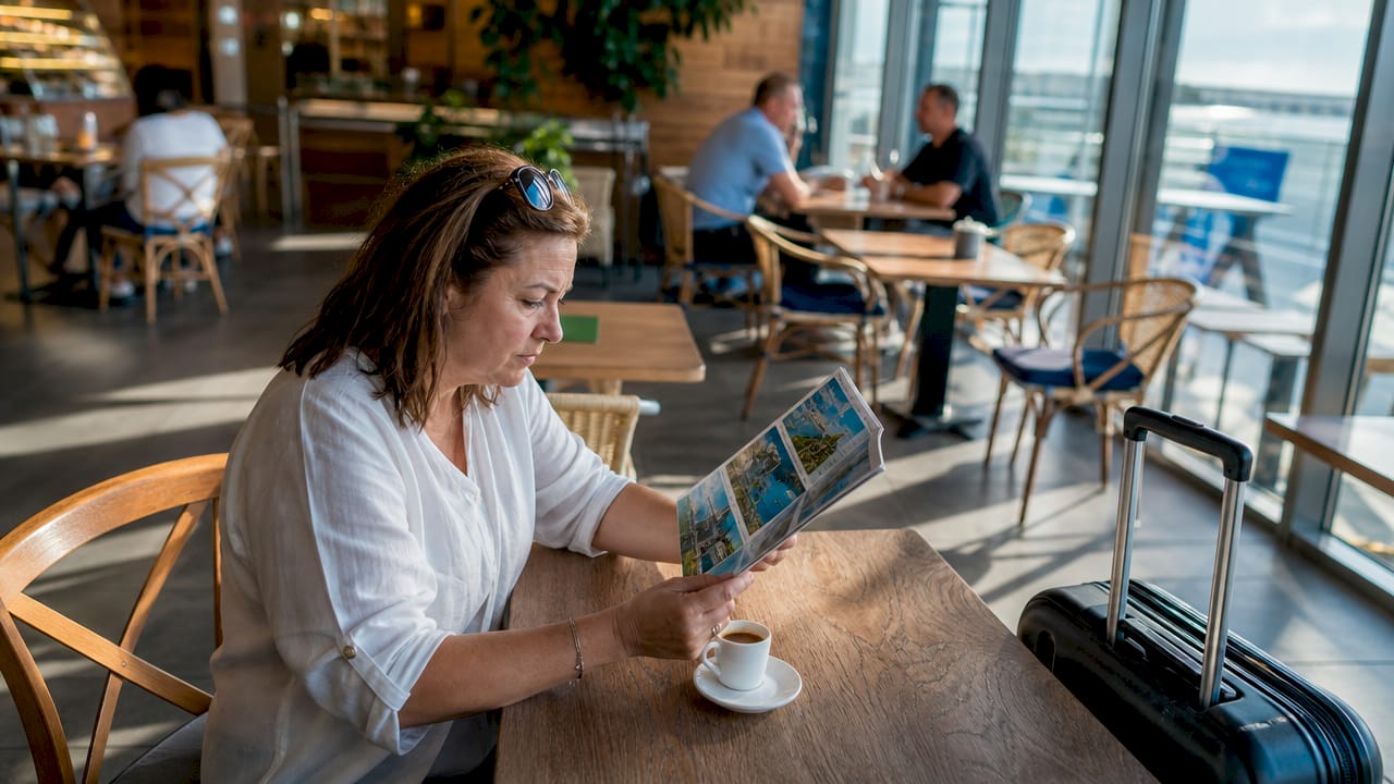 Traveler reviewing transfer guide in Nice airport