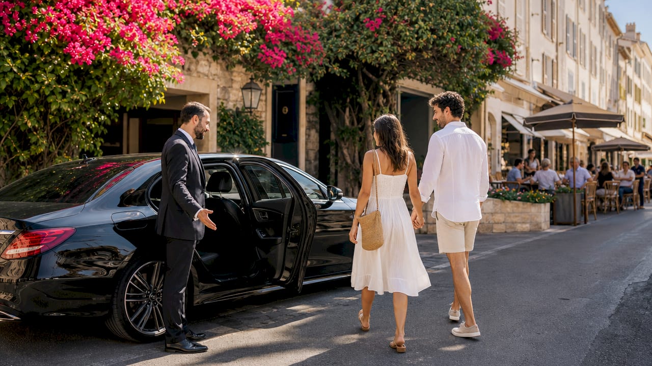 Chauffeur opening car door for couple in Saint-Tropez