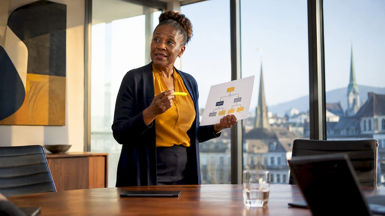 Business leader analyzing printed organizational chart