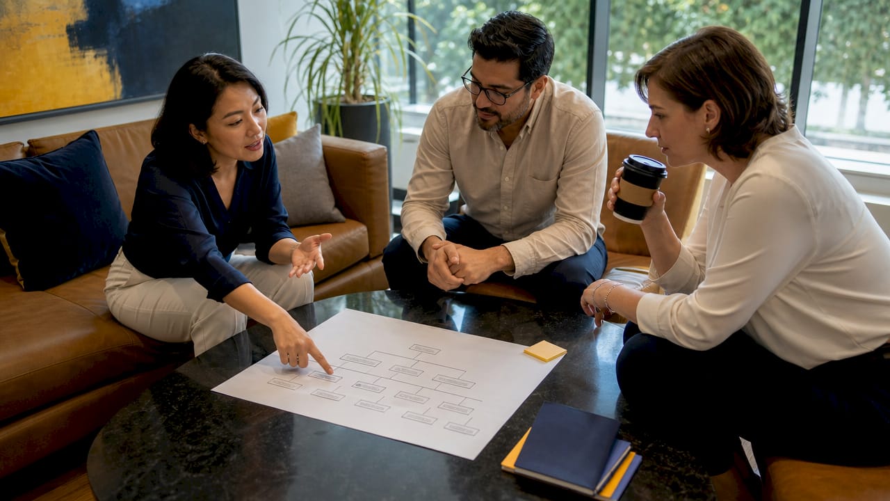Team discussing functional organizational chart