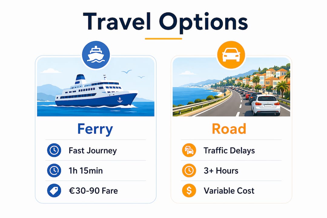 Infographic comparing ferry and road travel options