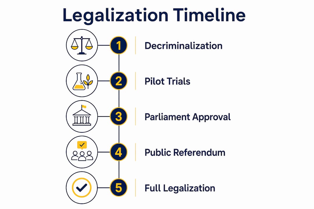 Timeline infographic of Switzerland legalization phases
