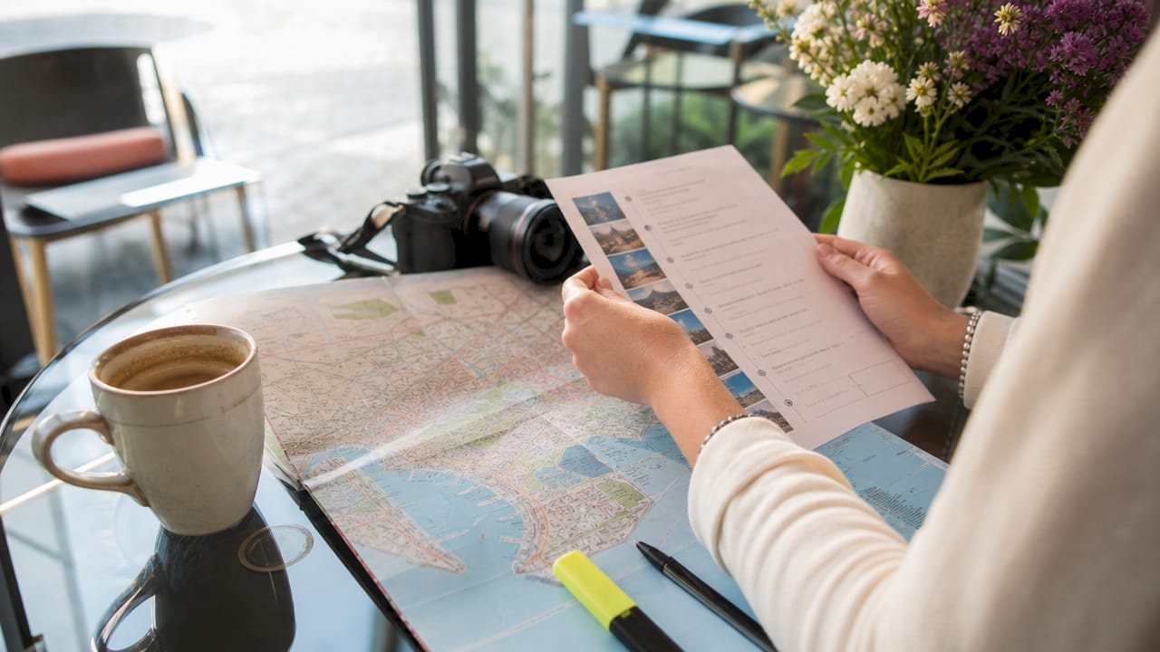 Overhead view of day trip itinerary planning materials