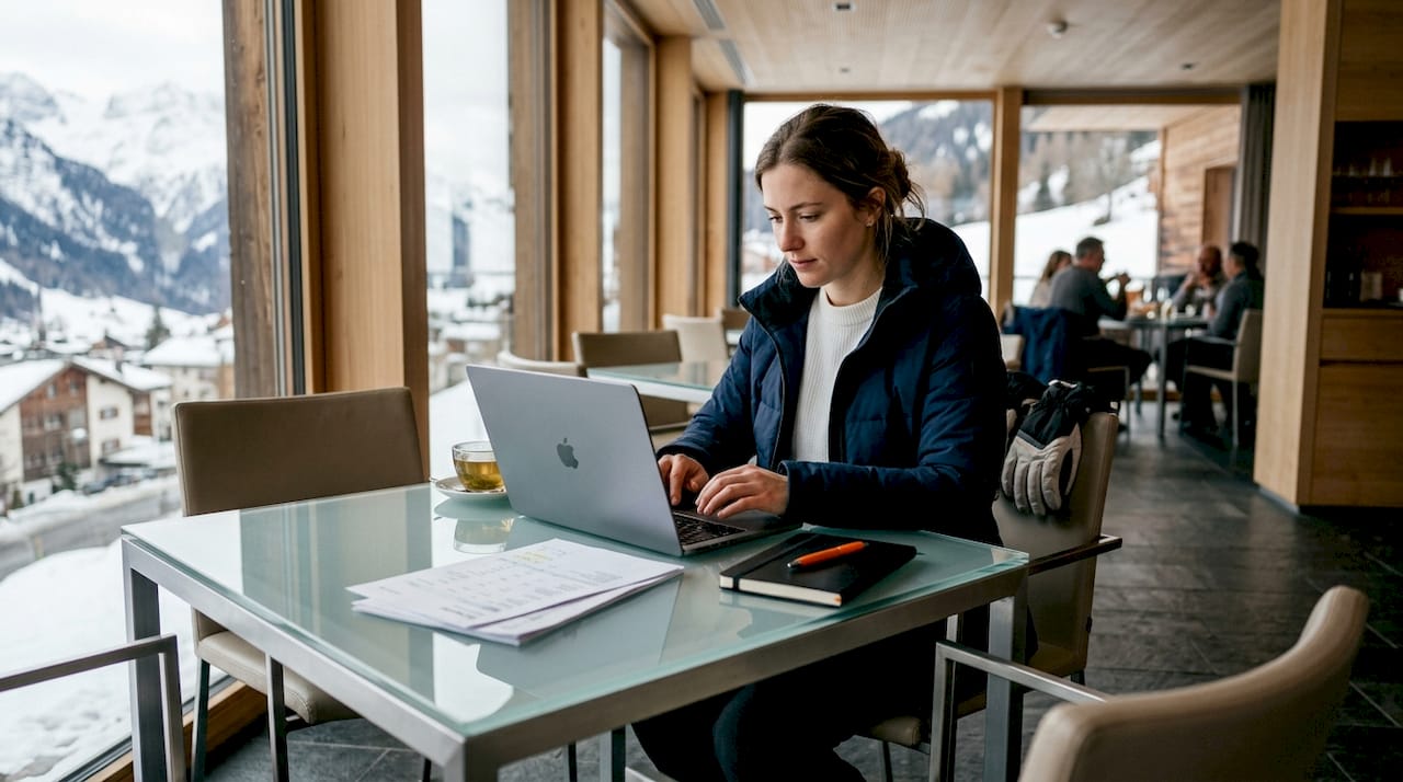 Woman booking ski transfer with laptop