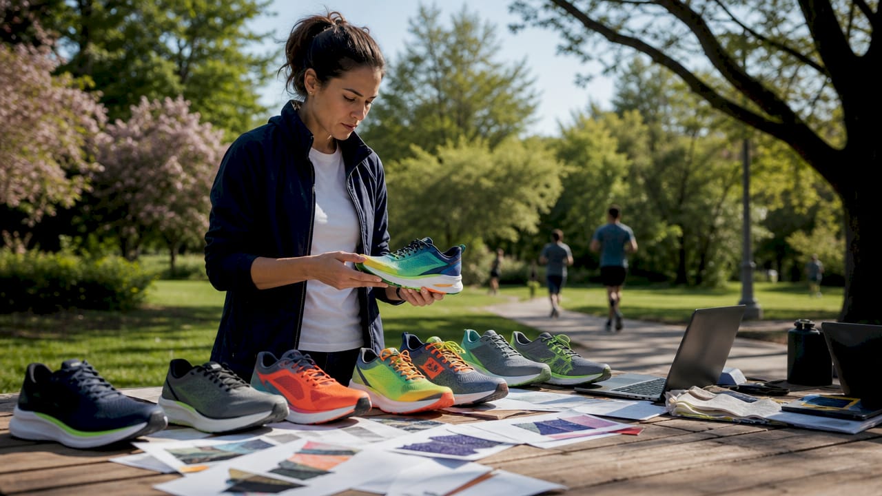 Woman reviewing running shoe prototypes in Nike studio