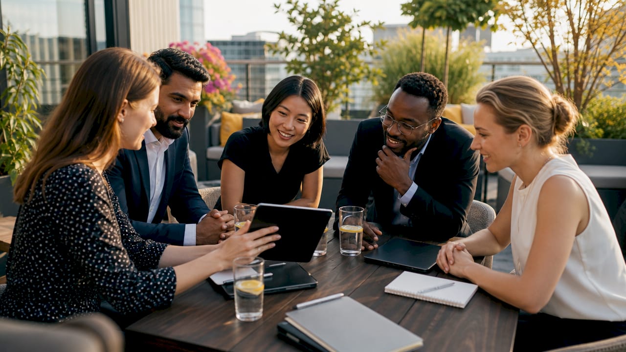 Team collaborating in bright modern office