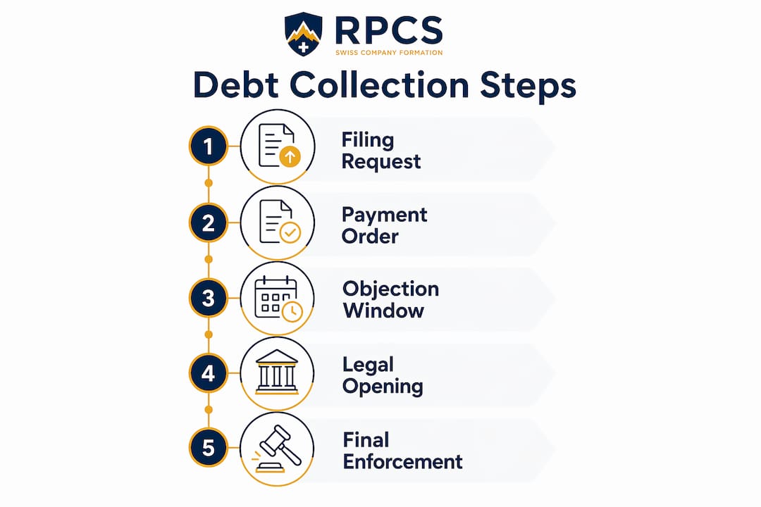 Infographic showing steps of Swiss debt collection process