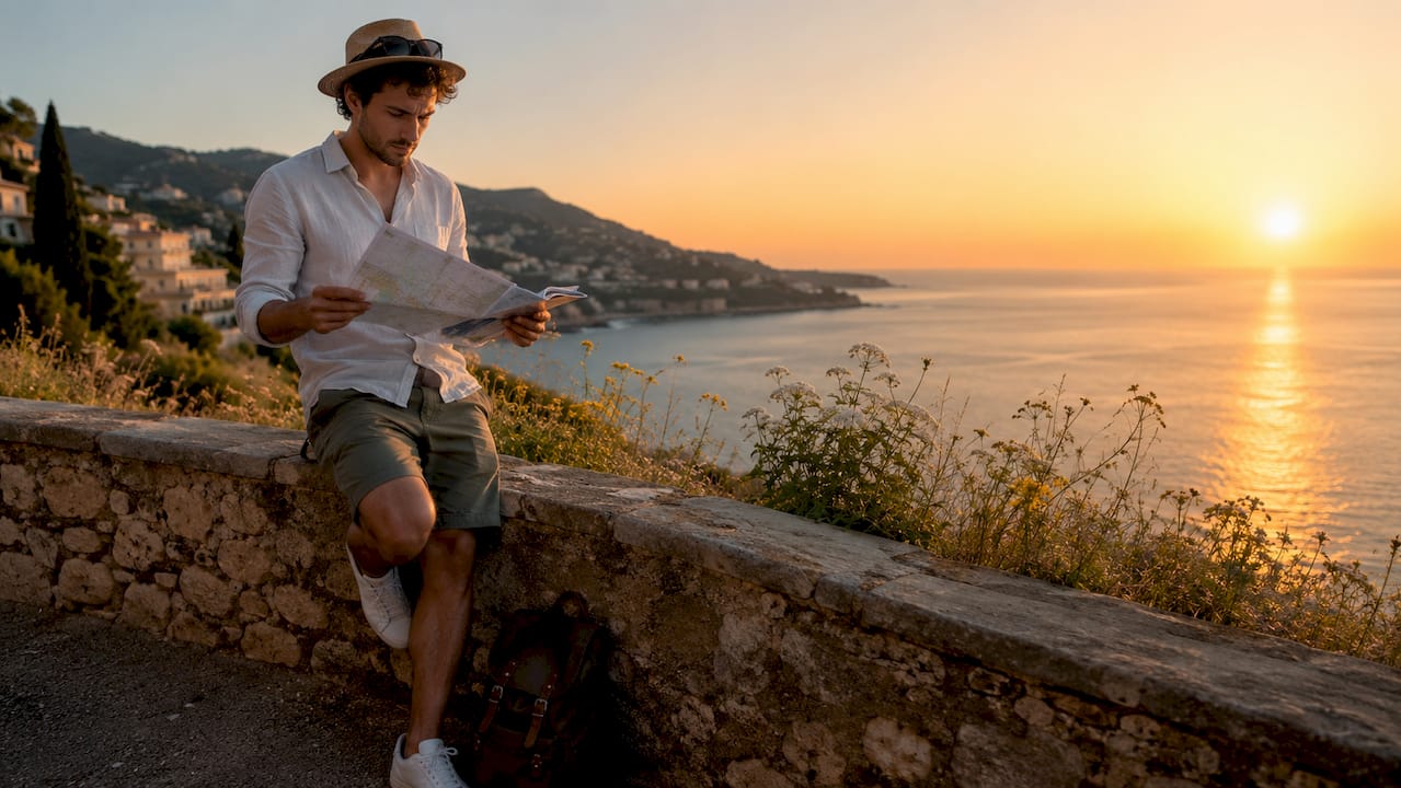 Traveler planning Riviera day tour at café terrace