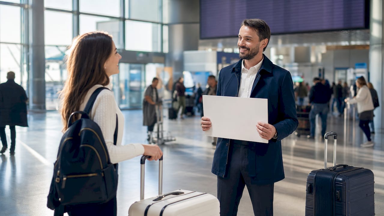Driver meeting traveler in Geneva Airport arrivals