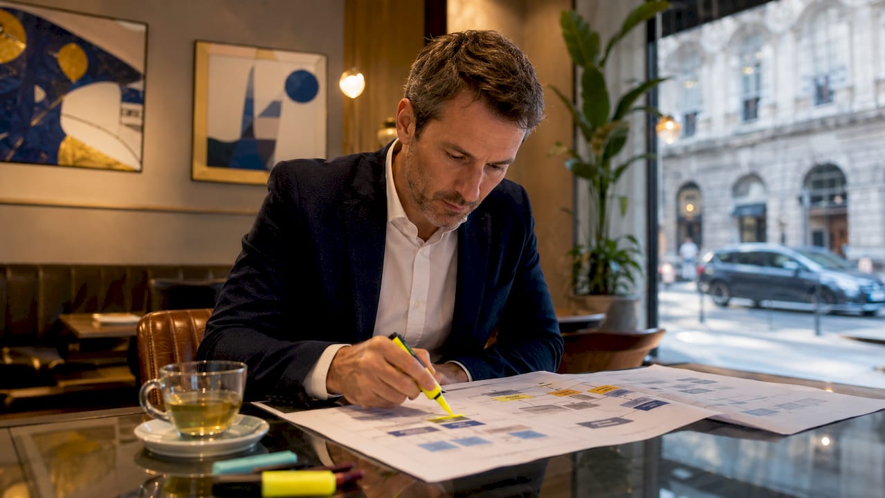 Business analyst reviewing divisional structure charts