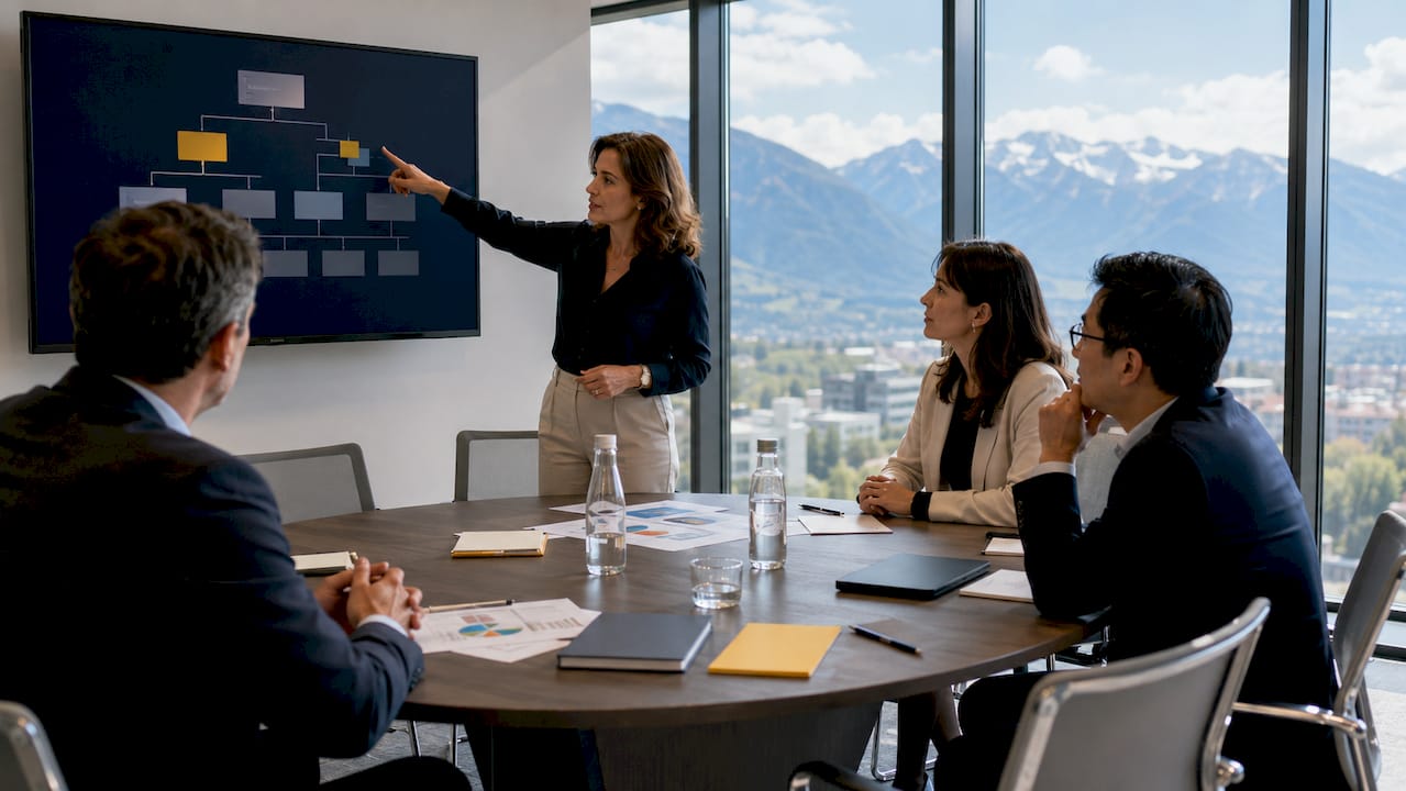 Corporate team discussing global divisions