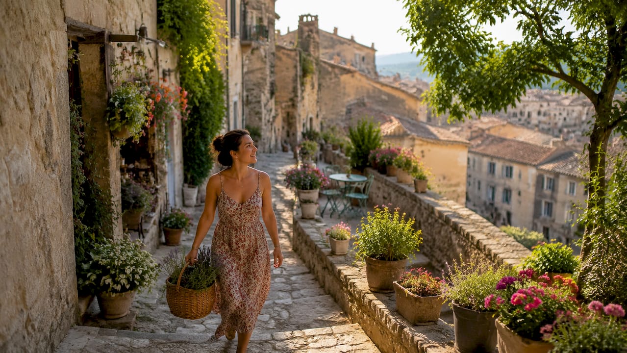 Woman walking cobblestone street in Grasse village