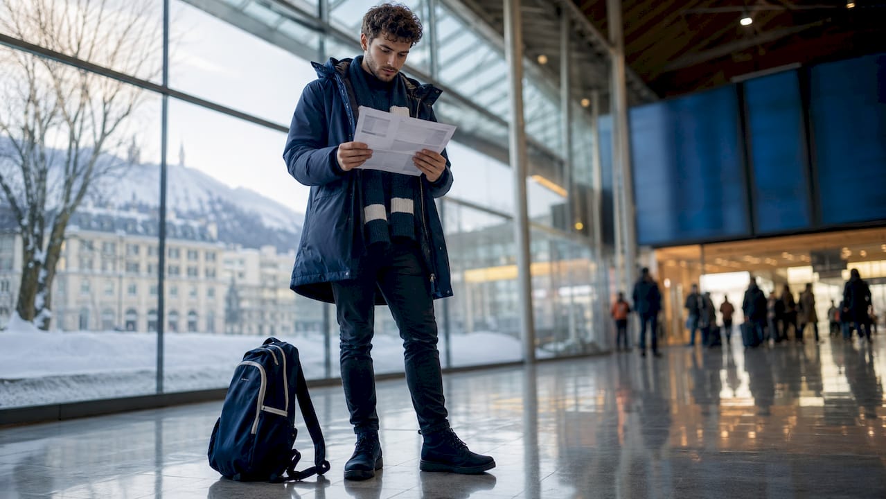 Traveler reviewing transfer plan at airport