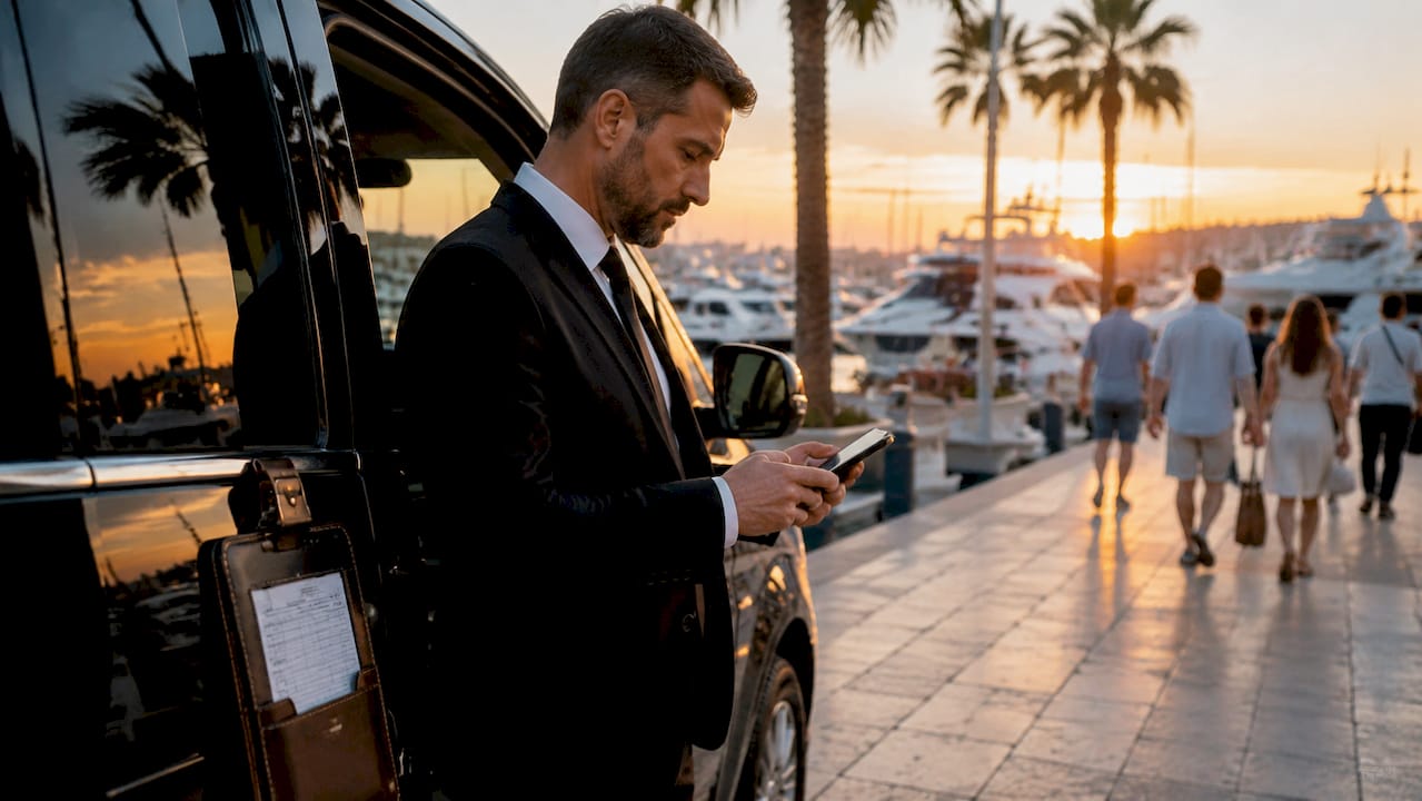 Chauffeur checking transfer routes outdoors