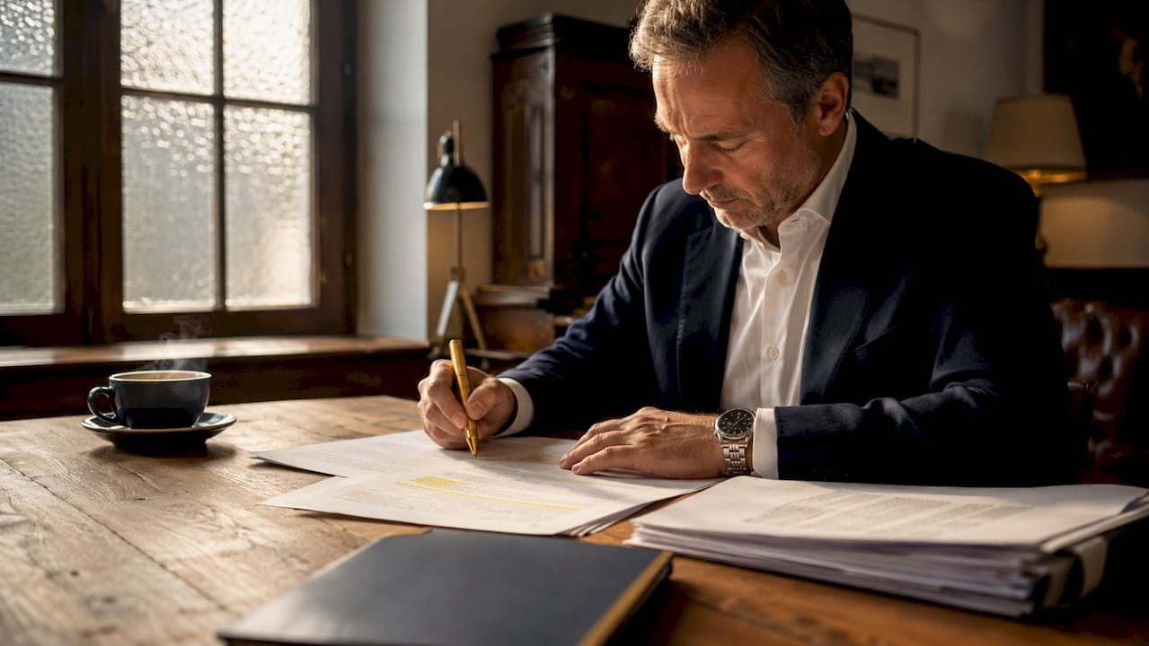 Swiss compliance officer reviewing legal documents
