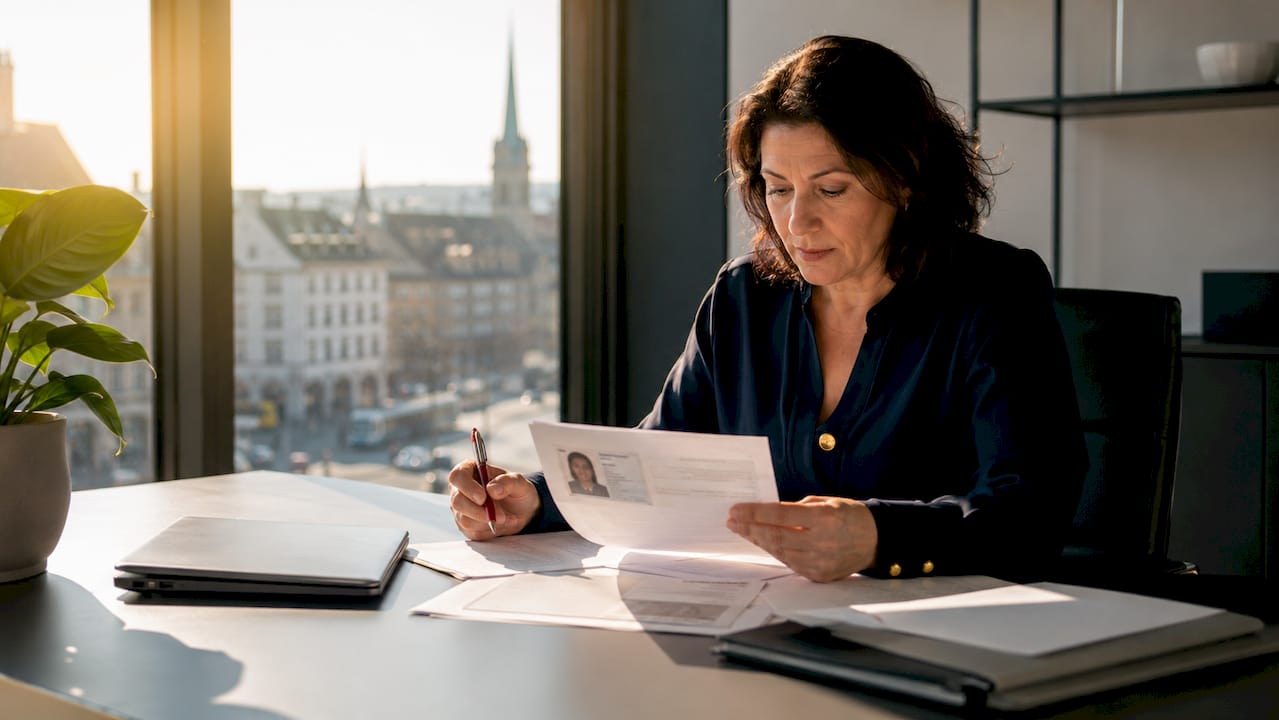 Compliance officer reviewing identity documents at desk
