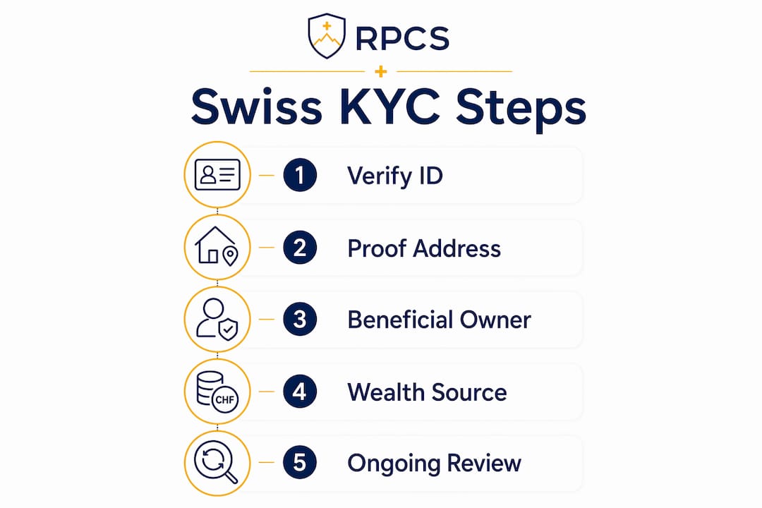 Infographic detailing step-by-step Swiss KYC compliance process