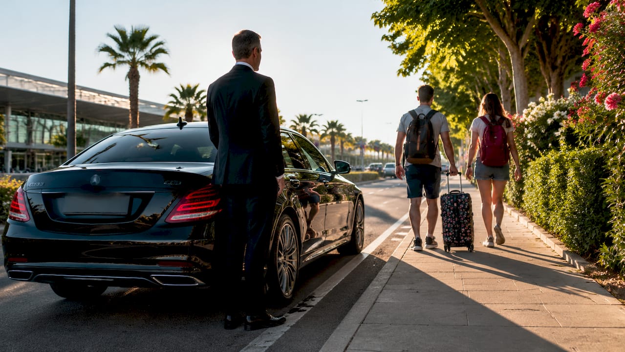 Professional chauffeur opening car door at airport